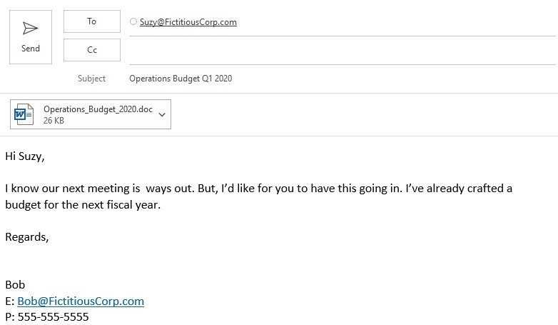 Fake email crafted by hypothetical hacker being sent to Bob at Fictitious Corp.