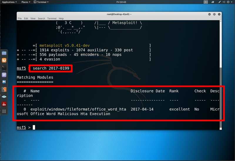 A Specter Technology Solutions employee finding CVE 2017-0199 on Metasploit, demonstrating how easy it is to exploit vulnerable machines.
