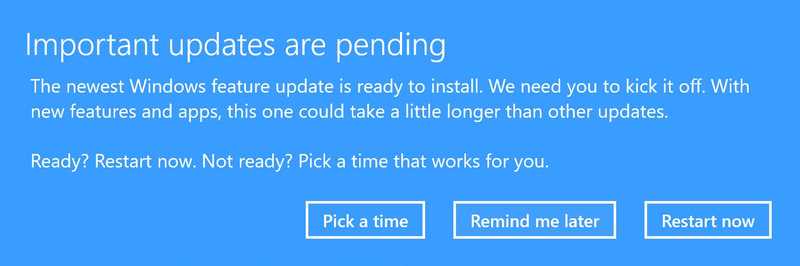 An example Windows 10 Update dialog box, requesting a user to apply updates.